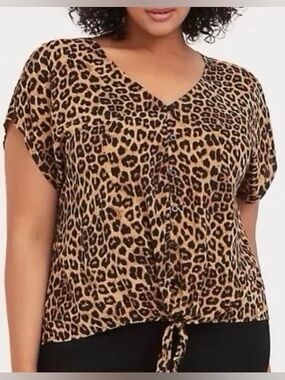 Torrid 1X Boho Bold Leopard Print Semi Sheer V-Neck Button Down Tie Front Top